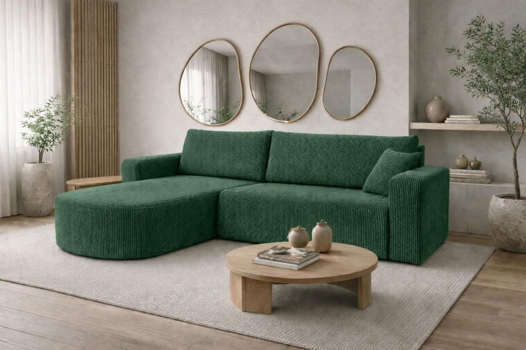 Kaiser Möbel Ecksofa mit Schlaffunktion, Cordstoff Poso, Grün, Links, ROUND ONE XL