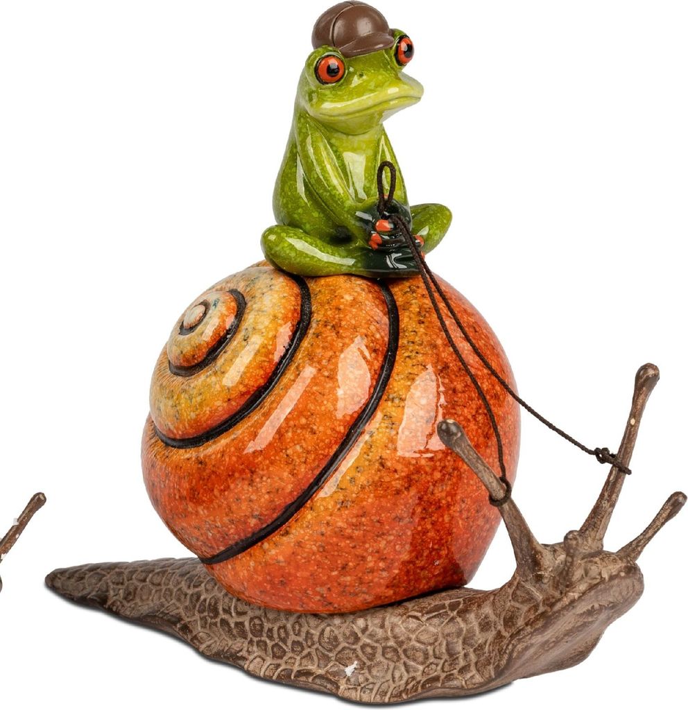 Dekofigur Froschhausen Frosch auf oranger Schnecke H. 13cm Kunststein Formano