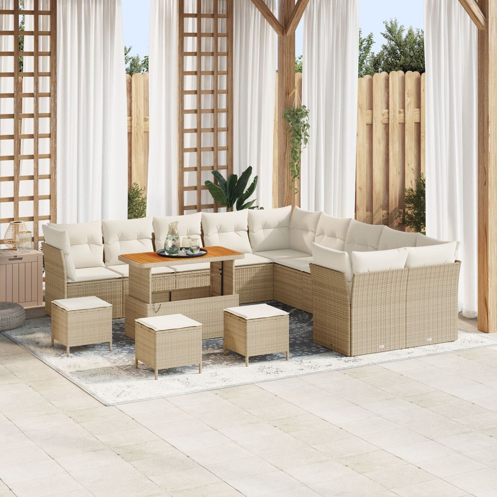Eleganten-Stil 14-teiliges Garten Sofa Set mit Kissen Beige Poly Rattan Akazie, 4-teiliges Garten Essset mit Kissen Beige Poly Rattan Akazie - Gart...
