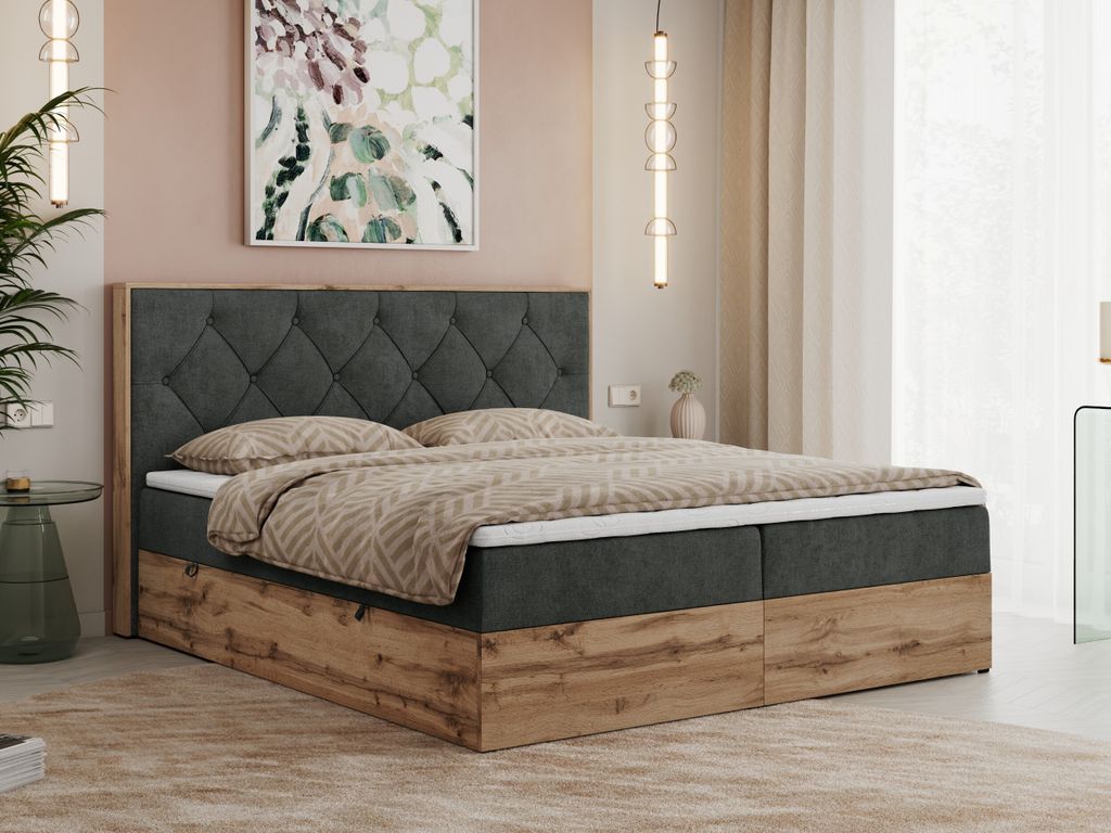 MKS MEBLE Boxspringbett 200x200 mit Bettkasten Eiche, Polsterbett 200x200 mit Matratze H3, Bett 200x200 mit Kopfteil, Bett mit Holzrahmen in Wotan ...
