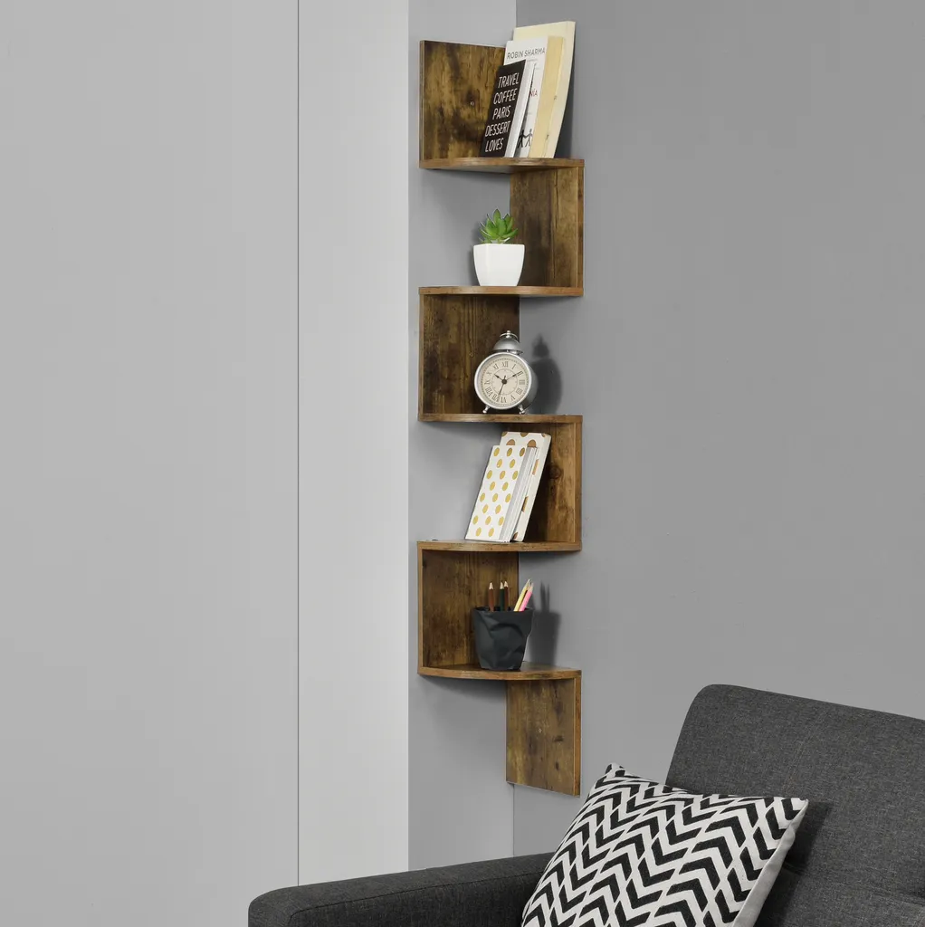 Étagère d'angle pour rangement livres et déco, meuble mural zigzag noyer MDF