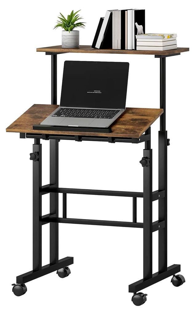 Höhenverstellbarer Schreibtisch mit kippbarer Arbeitsfläche, Ablage und Rollen für Homeoffice und Studierzimmer