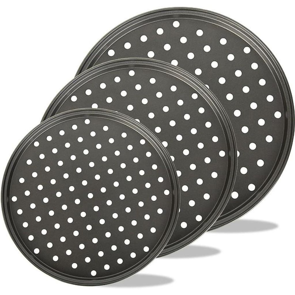 Pizzaform 3er Set Kohlenstoffstahl – Antihaft, Luftlöcher, rund | 24/28/32 cm für Ofen