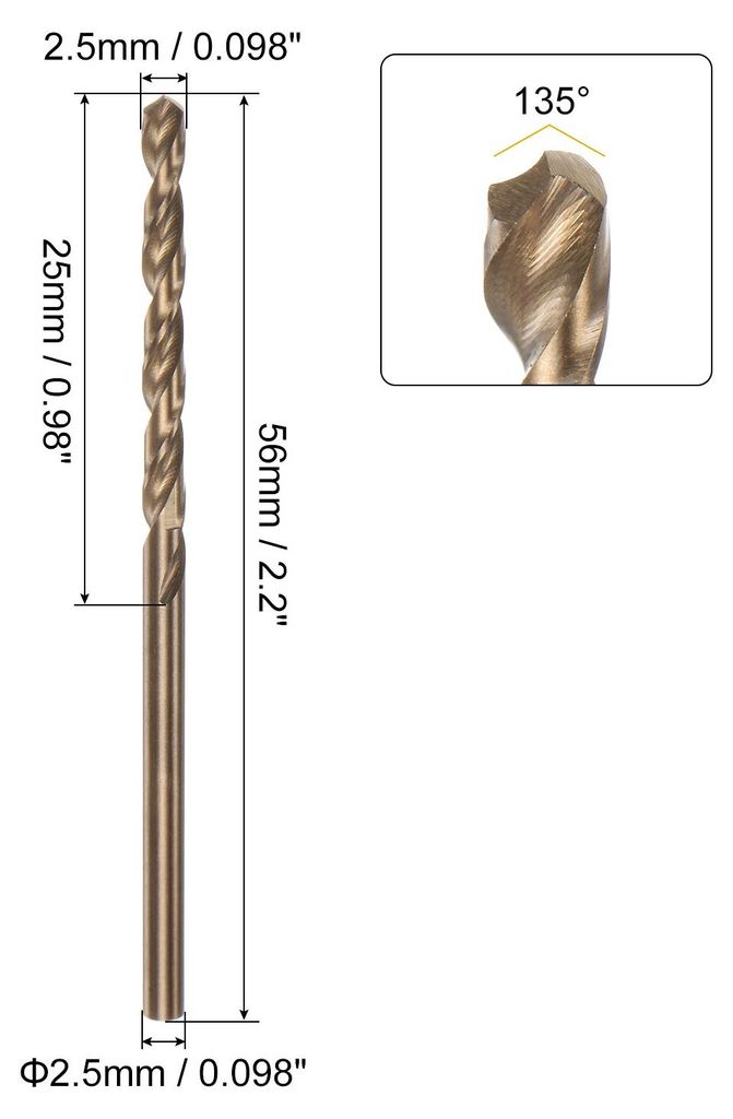 12 Stš¹ck HSS Spiralbohrer Set 2.5 mm, Gold-Titanbeschichtung, Runder Griff, Metall-bohrer fš¹r Edelstahl, Aluminium, H?lzern und Hartplastik