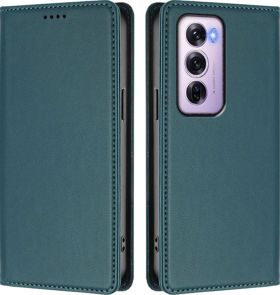 Handyhülle für Oppo Reno12 Pro 5G, Kunstleder Klapphülle Stoßfeste Magnetische Hülle mit Ständer Grün