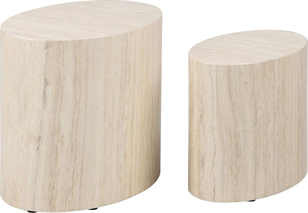 Moderne Zettafels Set von 2 – Ovale Tische mit Travertin-Look – Ideal als Pflanzenständer, Beistelltisch oder Akzenttisch – Holzmaterial mit...