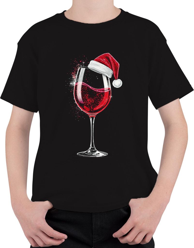 Weinglas Weihnachtsmütze Rotwein Weihnachten Geschenk Weinparty Uni Kinder T-Shirt, Schwarz, 140