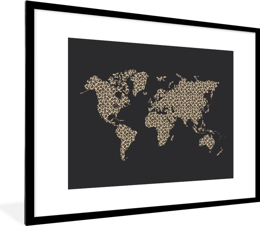 MuchoWow Gerahmtes Poster Weltkarte - Pantherdruck - Schwarz 80x60 cm - Poster mit Schwarzem Bilderrahmen Wandposter Rahmen Foto Bilder - Schlafz...