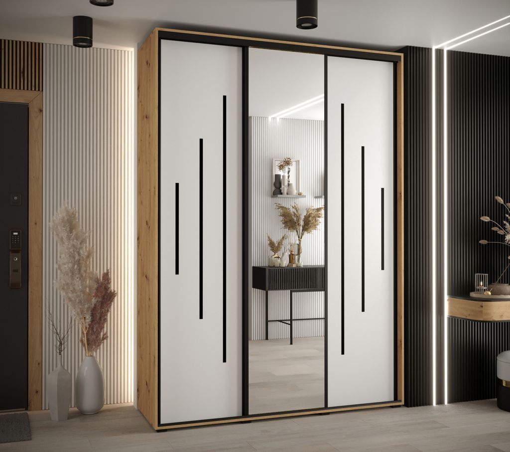 Kleiderschrank YVONA 13 - 170/45 cm, Eiche handwerklich / weiß / schwarz