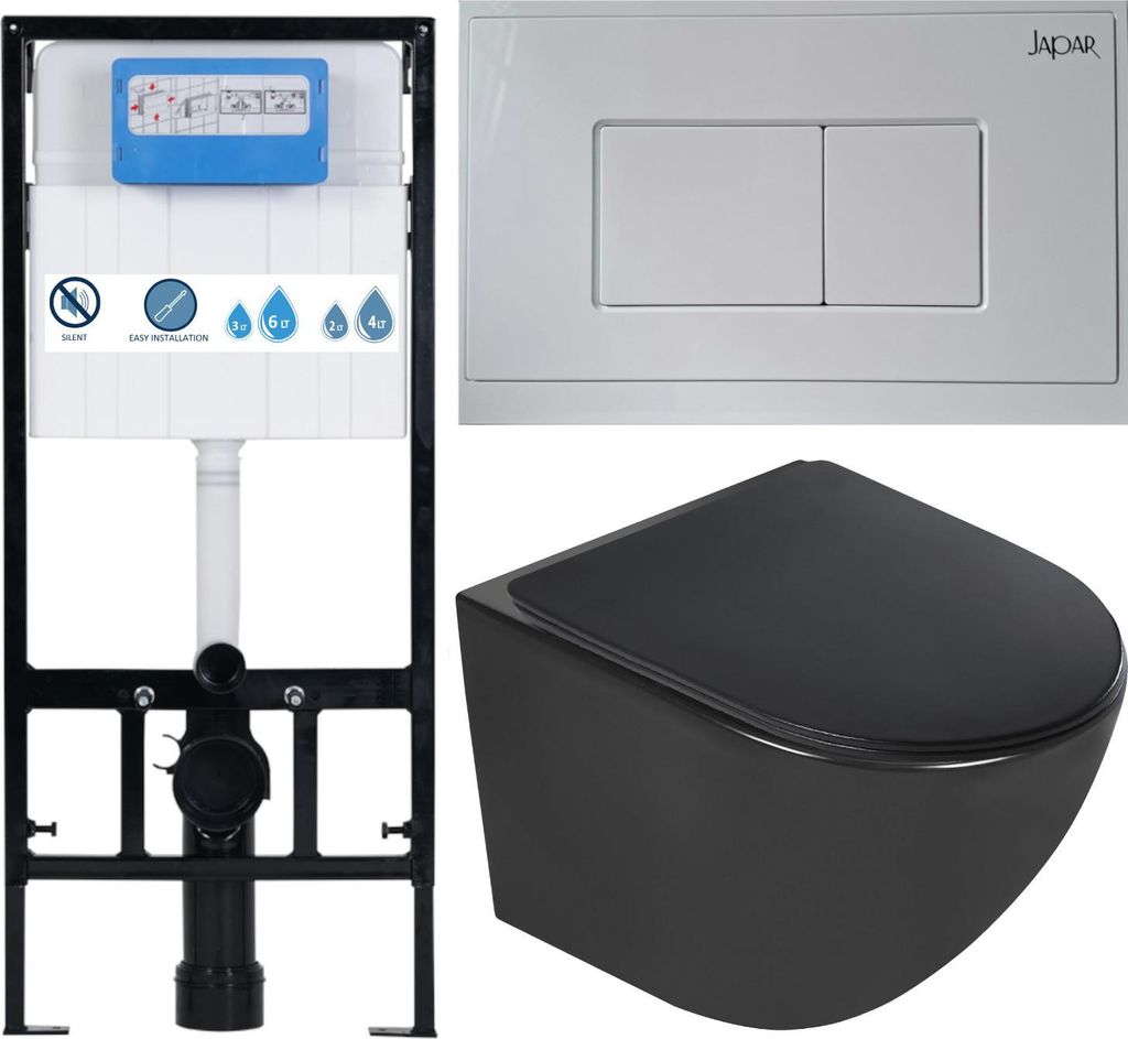 Domotechnika | Wc-set 3in1 - Schwarze Keramik - 113x52x12cm - Soft-close Sitz - Rimless Design