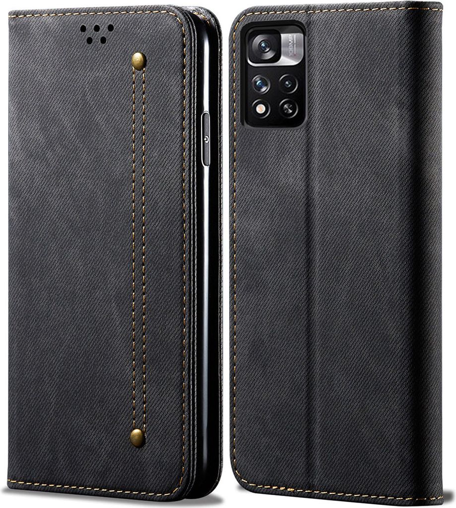 A black flip-style phone case for a Redmi Note 11 Pro is shown from two angles, one open and one closed.