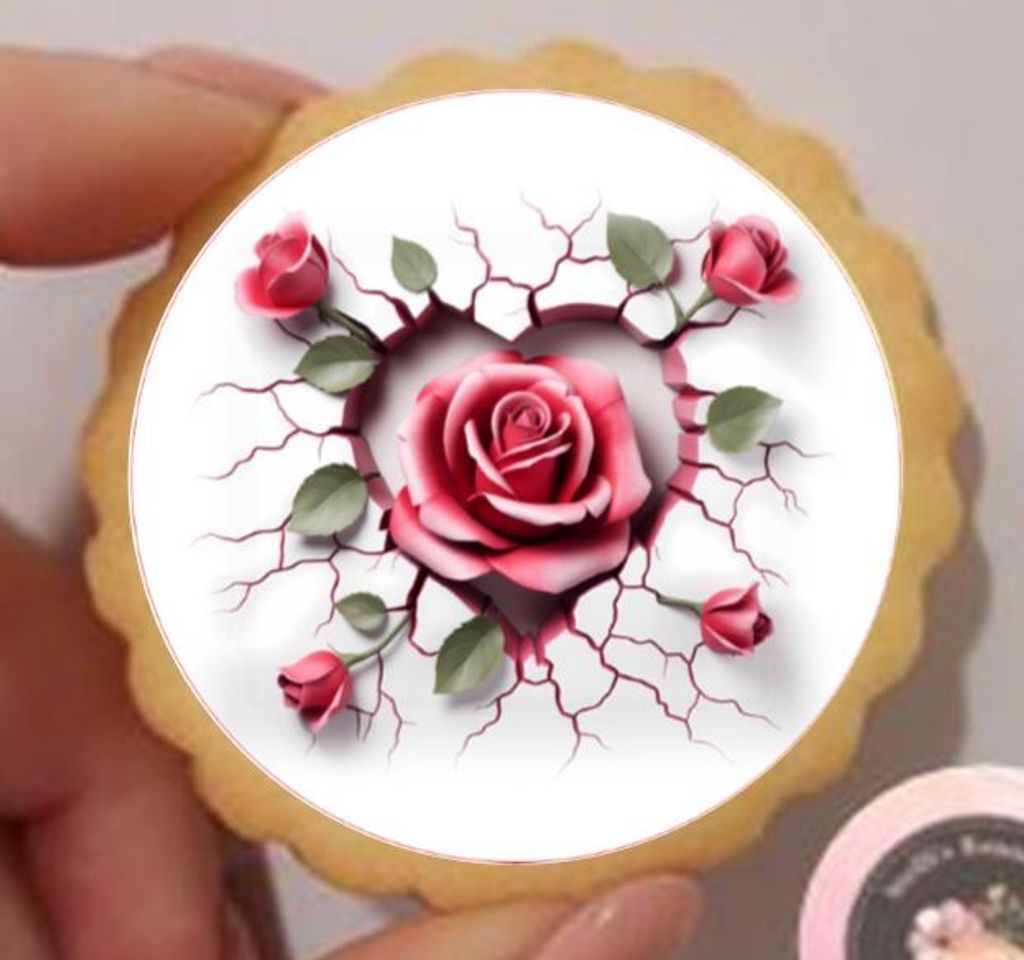 Rose im Herz rund Keks / Cupcake Aufleger 1 Seite Saracino Cake Paper - leicht raue Oberfläche Ausstanzung rund 5 cm 20 Stk.