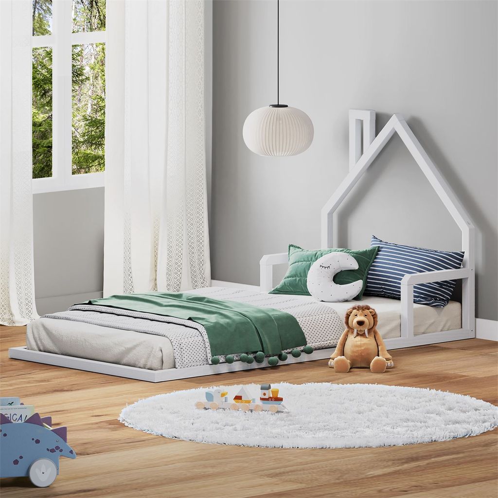Bodenbett ELOA mit Hausdach 90x200 cm weiß Kiefer massiv, Produktbild 