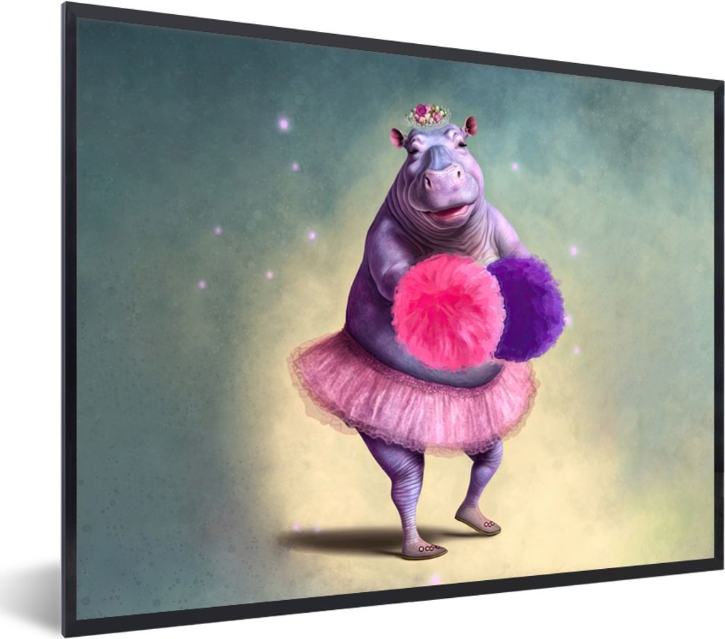 MuchoWow Gerahmtes Poster Nilpferd - Blumen - Ballerina - Pompons - Porträt 40x30 cm - Poster mit Schwarzem Bilderrahmen Wandposter Rahmen Foto ...