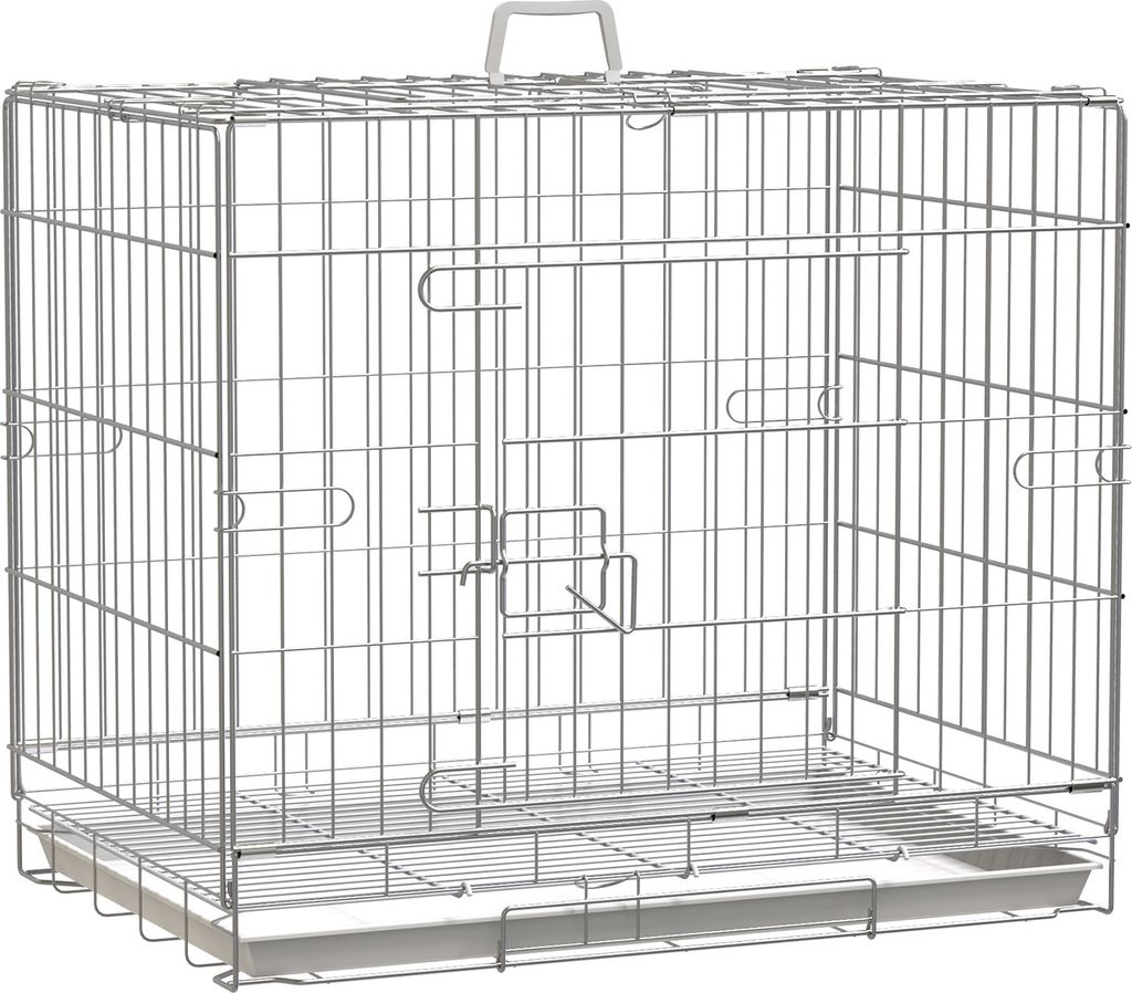 PawHut Zusammenklappbarer Hundekäfig aus Metall, 61 x 43 x 50 cm, Metall-Hundekäfig mit abnehmbarem Tablett und 2 Türen mit Riegel, weiß