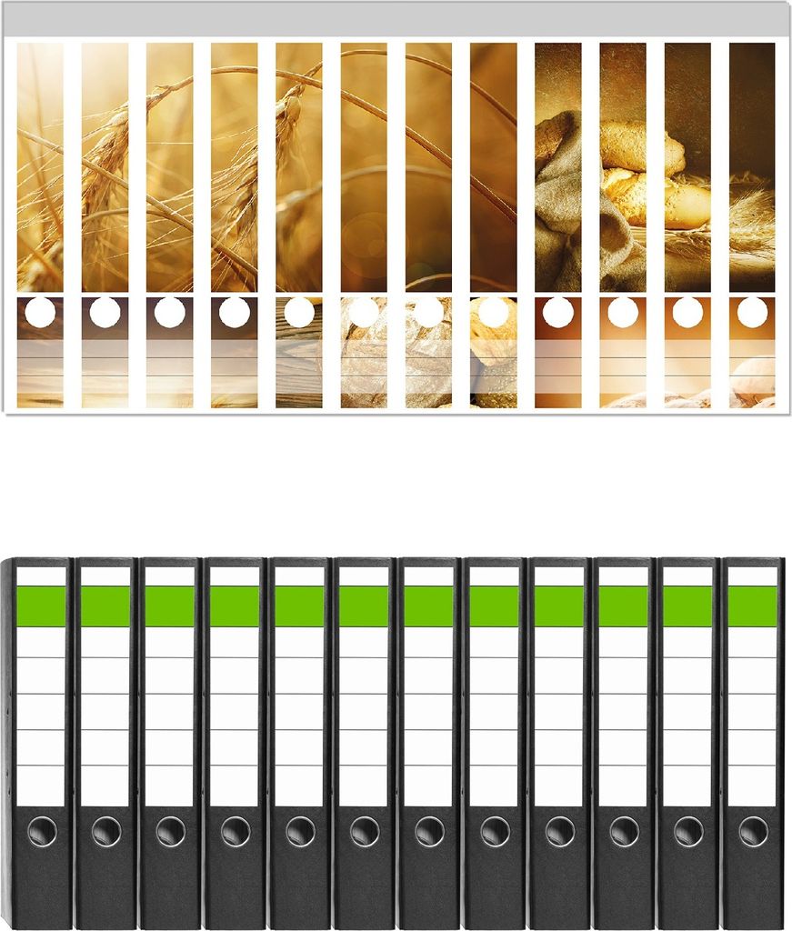Wallario 12 Stück schmale Ordner inkl. Klebeetiketten mit Motive Getreide und Brotsorten aus Weizen - Set mit Rückenschildern / Ordnerrücken Sti...