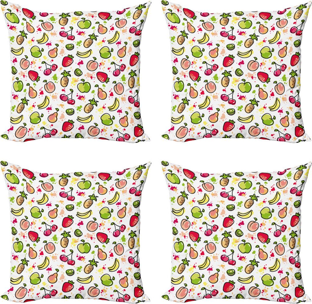 ABAKUHAUS Früchte Kissenbezug Set (4 Stück), Aquarell Birne, Moderner Doppelseitiger Digitaldruck, 60 cm x 60 cm, Peach Lime Green Red