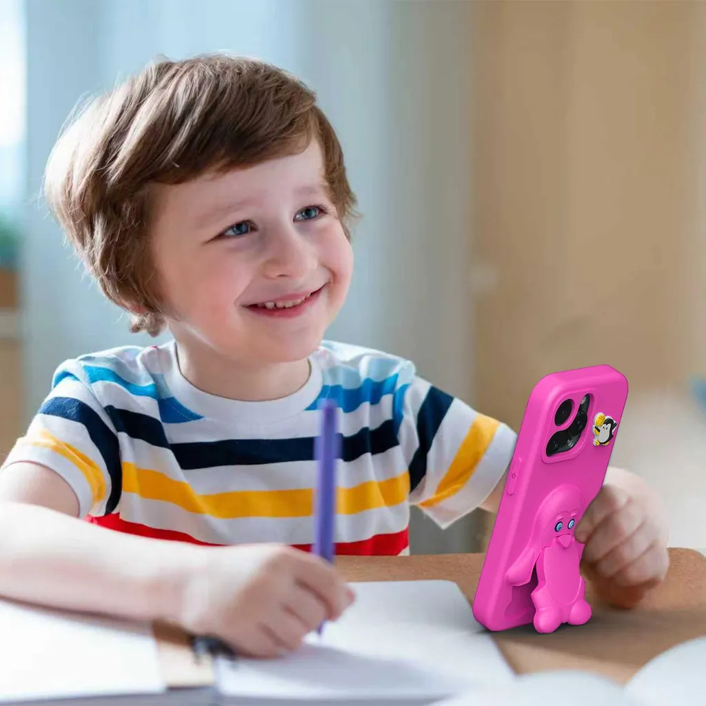 Custodia per bambini in EVA per iPhone 16 Pro Max, morbida custodia protettiva antiurto con supporto per pinguini Rosa - 4