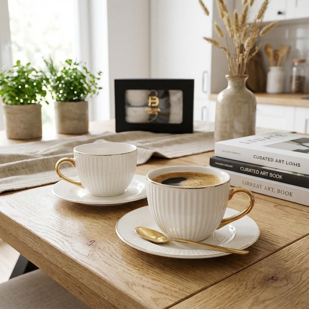 2er Set Tassen mit Untertasse ecru gestreift Goldohr Aurora 260 ml