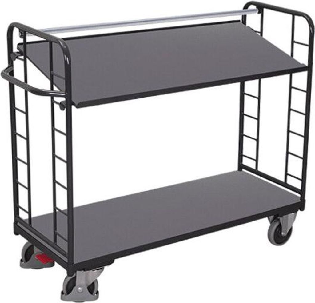 VARIOfit Etagenwagen mit Seiten aus Drahtgitter, Rohrschiebegriff und neigbarem Etagenboden 1355x550mm Anthrazitgrau RAL 7016