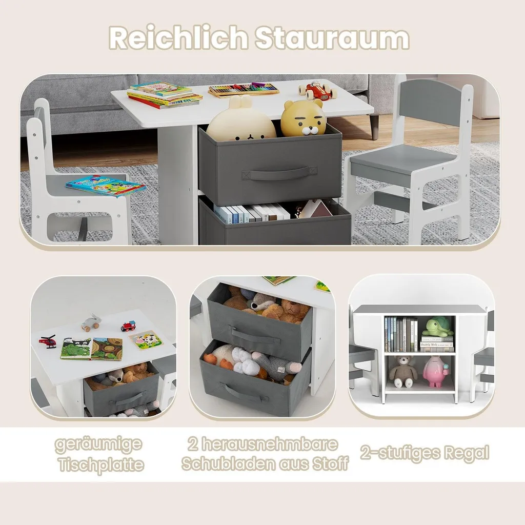 Ensemble table et 2 chaises pour enfants avec bacs de rangement blancs
