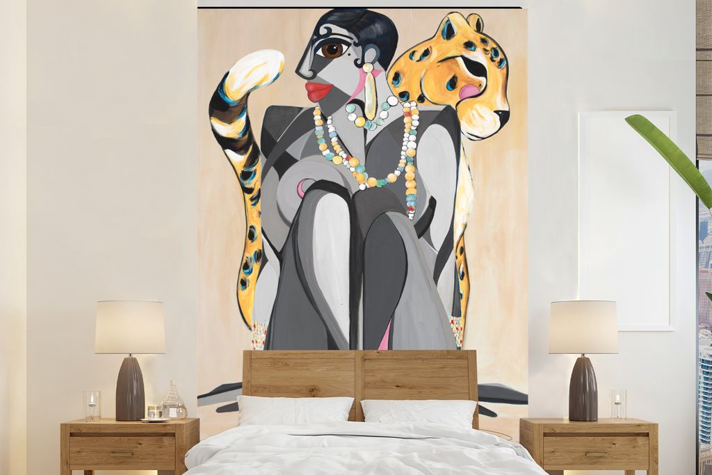 MuchoWow Fototapete für Wohnzimmer oder Schlafzimmer Wandtapete Vinyl Motivtapete Frau - Leopard - Tiere - Abstrakt - 200x300 cm - Wanddekorationen