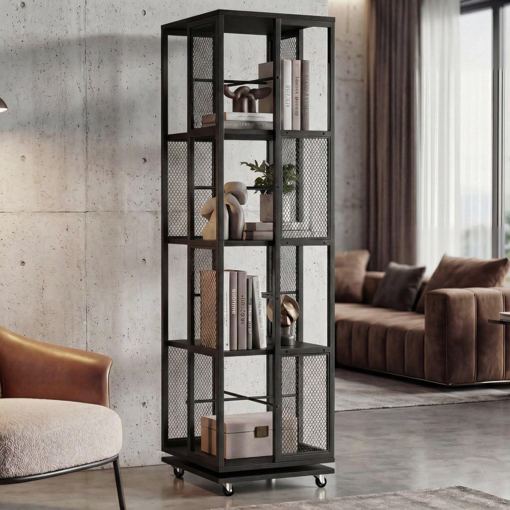 Bücherregal MCW-P13, Standregal Drehregal, Rollen drehbar, Metall Industrial Melamin MVG 147x40x40cm schwarz