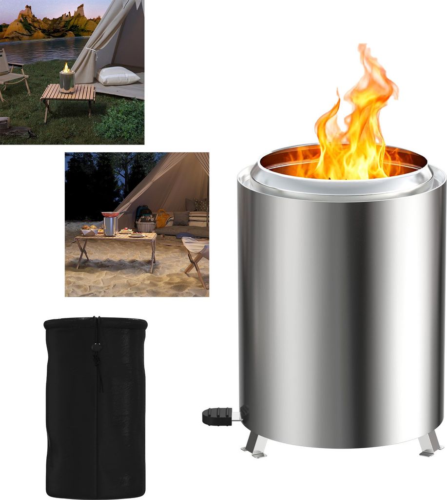 XINZI Mini Feuerschale Ø14×19,5 cm, Rauchfreie Edelstahl Feuerstelle, Kompakter Tischkamin für Balkon, Terrasse & Garten, Mit Tragetasche