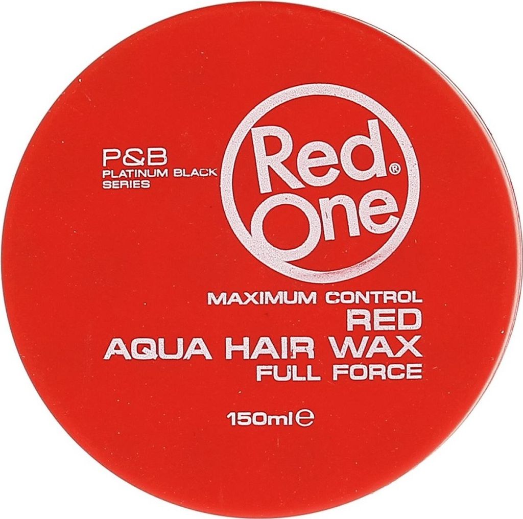 A top-down view of a red circular container of hair wax.