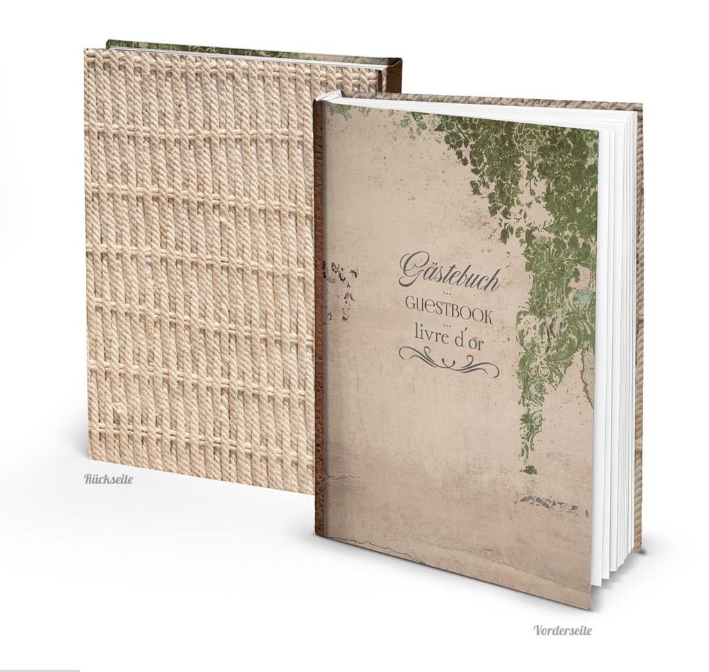 Leeres Gästebuch DIN A4 Vintage für Hochzeit Pension Hotel Ferienhaus - beige grünohne Metallecken