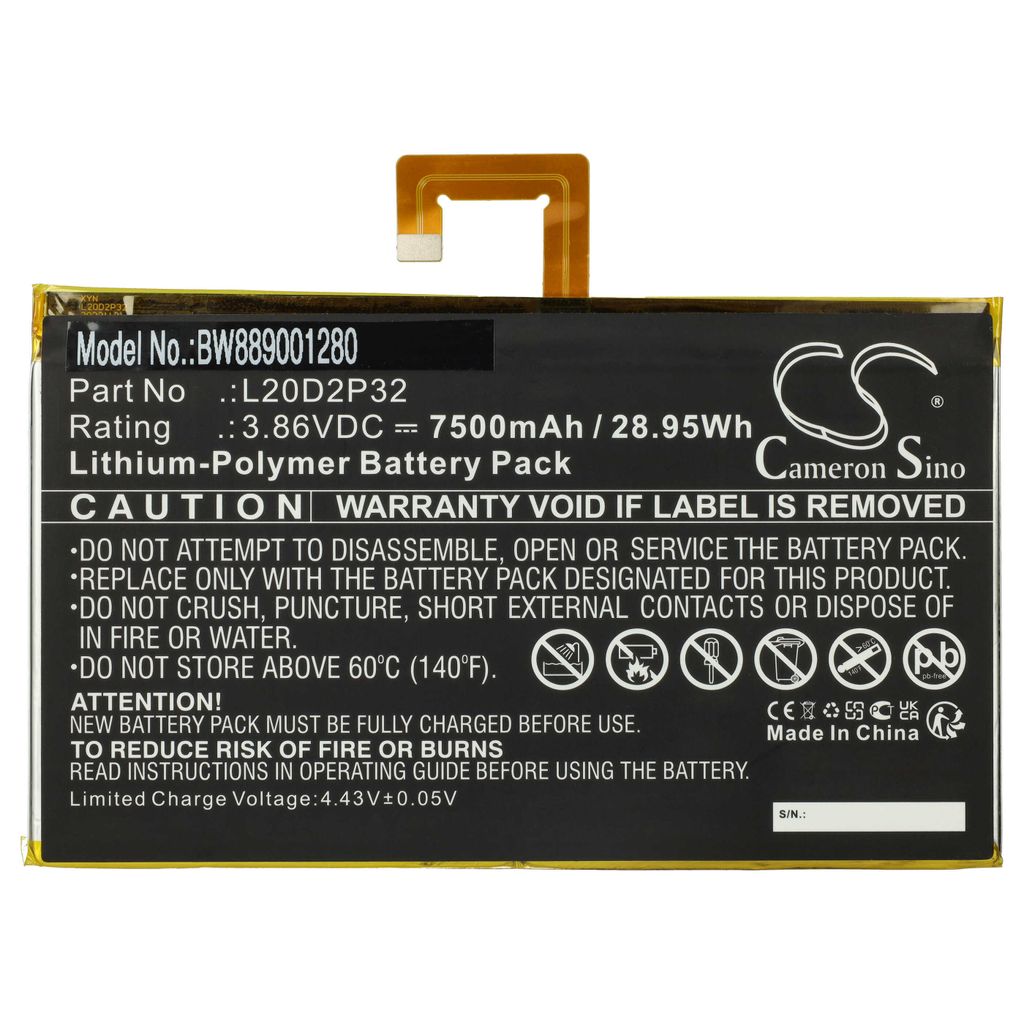 vhbw Akku kompatibel mit Lenovo TB-J607Z, TB-J606F, TAB P11 5G, TAB P11 Tablet Pad (7500 mAh, 3,86 V, Li-Polymer)