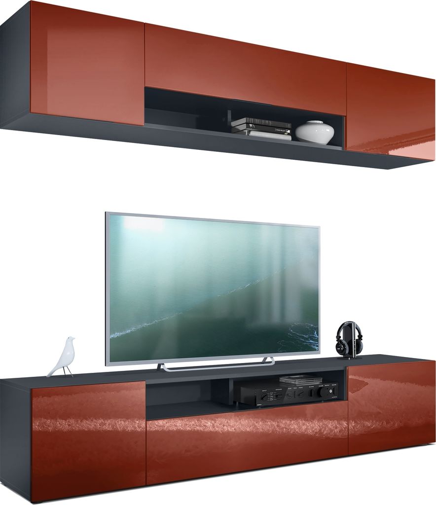 Vladon Wohnwand Mogan mit zwei 181 x 39 x 35 cm Elementen, hängende Wohnzimmer Anbauwand mit 12 Fächern, Korpus in Anthrazit matt, Fronten in Bor...
