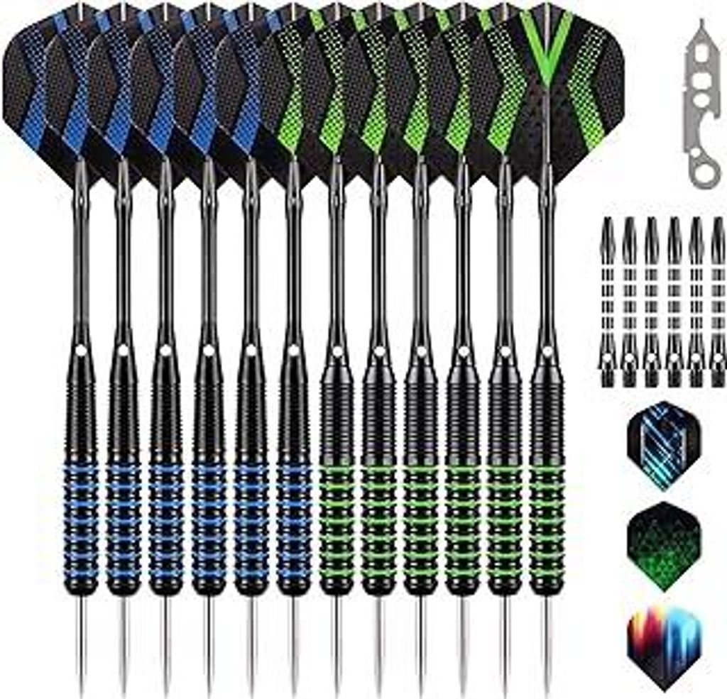 Grebarley Dartpfeile mit Metallspitze,12 Stück Profi Steeldarts 18 Aluminium Schaft mit 9 Flights 20 Orings