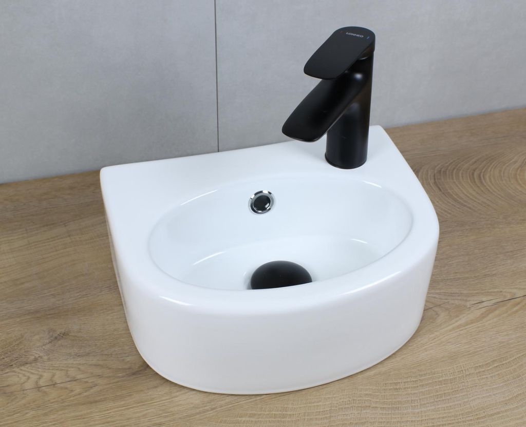 Keramik Waschbecken oval 335x255x130 weiß mit Überlauf Aufsatzwaschbecken Wandmontage mit Pop-Up Ablauf schwarz-matt