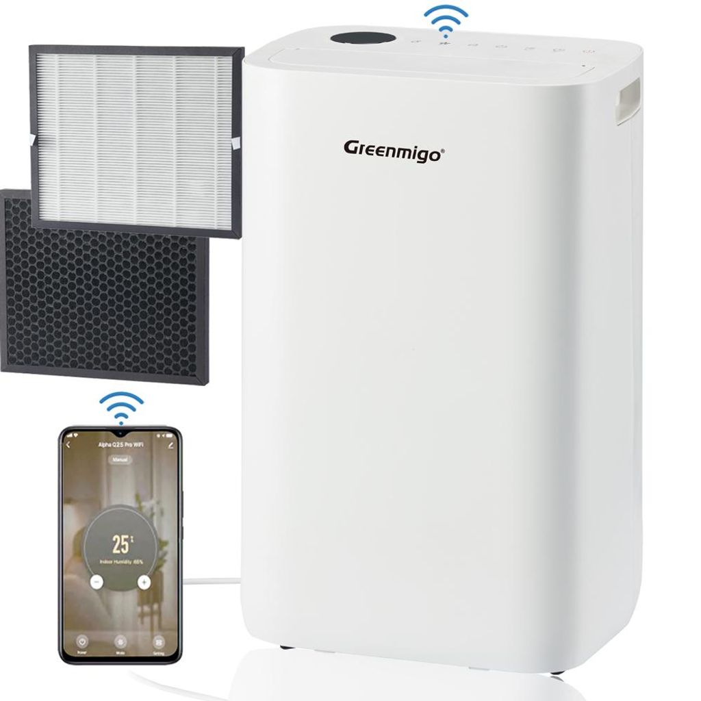 Greenmigo WiFi Luftentfeuchter Lufttrockner 25L/Tag,Ionisator,HEPA-Filter und Aktivkohlefilter,Kontinuierlicher Abfluss,Wäschetrockner,24-Stunden-...