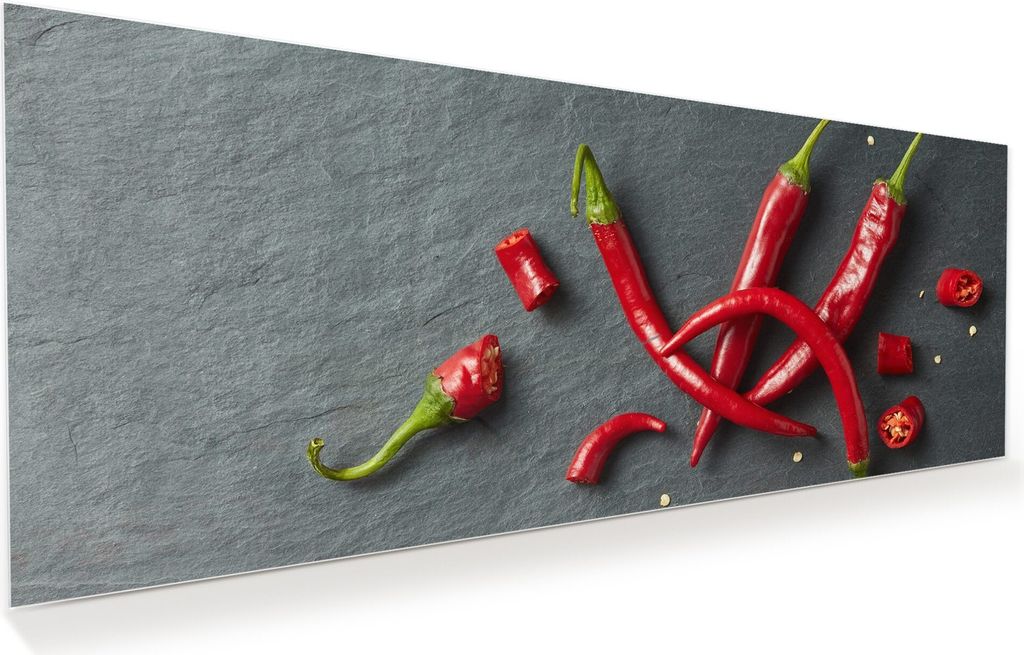 Glasbild Wandbild Chili ganz und gehackt 125x50cm in XXL für Wohnzimmer, Schlafzimmer, Badezimmer, Flur