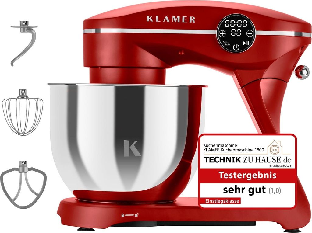 A red KLAMER kitchen mixer with its accessories and a review badge.