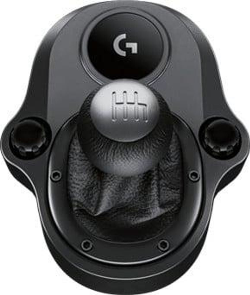 A close-up studio shot of a Logitech gear shifter.
