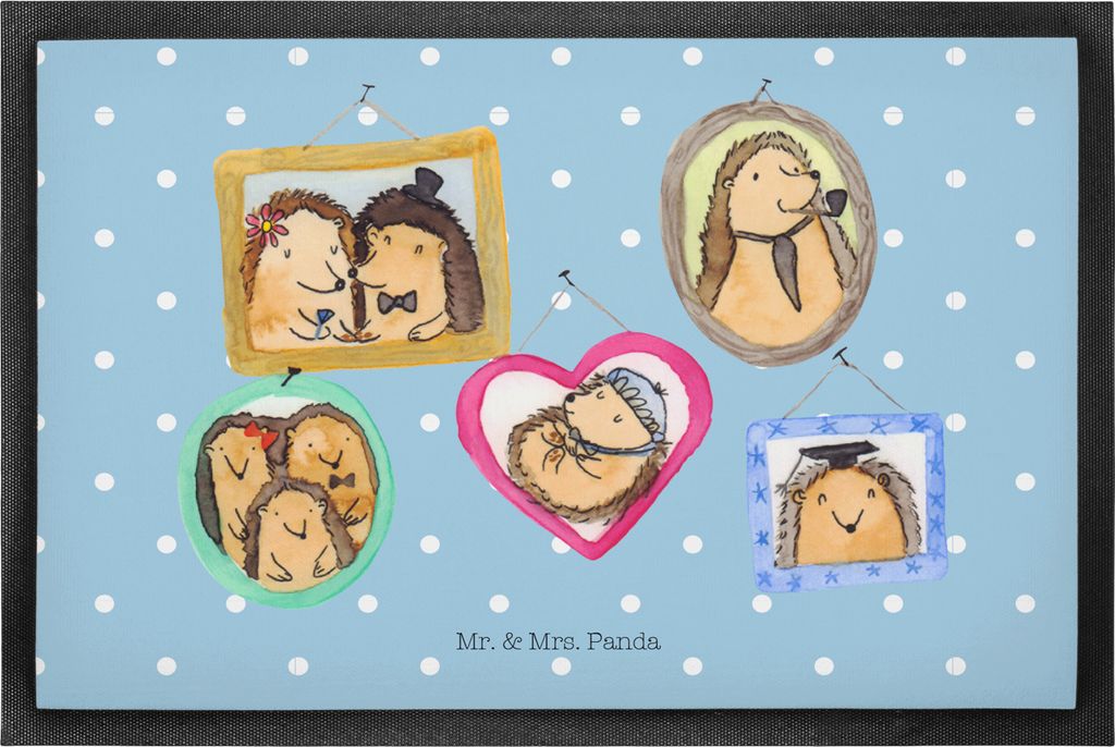 Mr. & Mrs. Panda Fussmatte Igel Familie 50 x 75 cm - Blau Pastell - Geschenk, Bilder, Mama, Bruder, Schmutzfänger, Sauberlaufmatte, Schmutzfangmat...