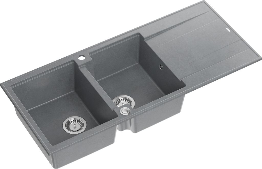 QUADRON Spülbecken 2-Becken Spüle | Größe: 116 x 50 x 21 cm | EVAN 121 | Küchenspüle Granitspüle aus GraniteQ mit Siphon | Grau & Stahl