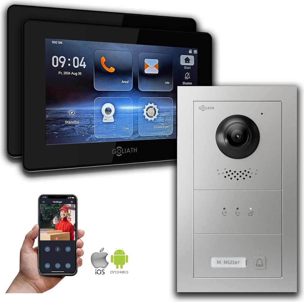 Goliath IP Video Türsprechanlage mit Kamera 7-Zoll Silber : Aufputzdose : 7 Zoll in Schwarz : 2 Monitore Anzahl: 2 Monitore Farbe: 7 Zoll in Schwa...