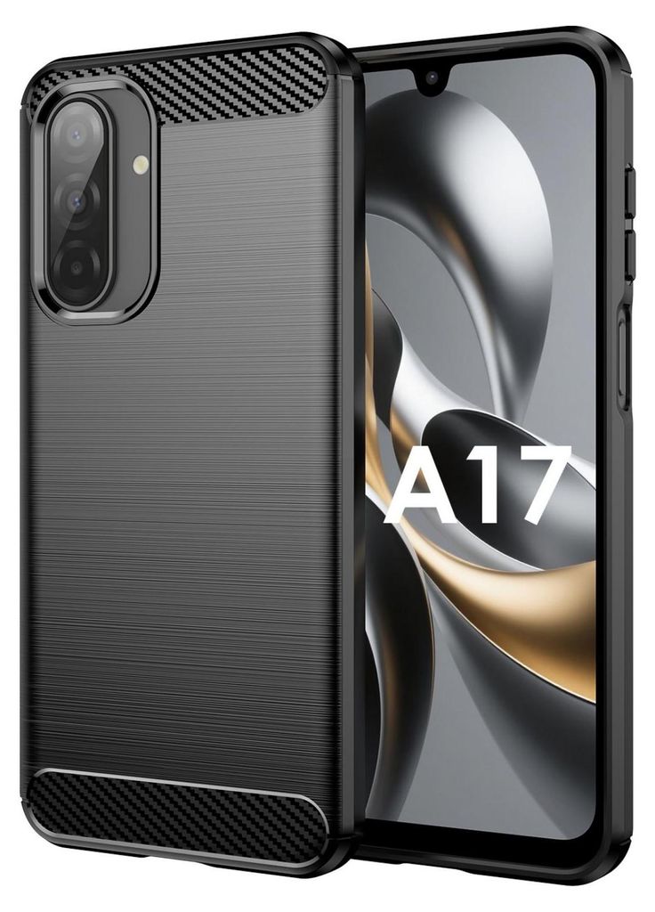 A close-up product shot of a black phone case with a carbon fiber texture, placed next to a smartphone displaying a colorful abstract wallpaper with the text "A17" on the screen.