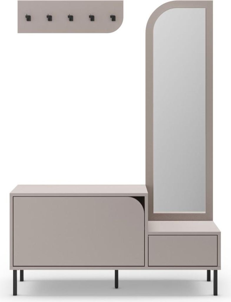 Drawer - Eingangsmöbel mit 2 Türen, Spiegel und Kleiderstange aus Holz und Metall, H172 cm - Beige