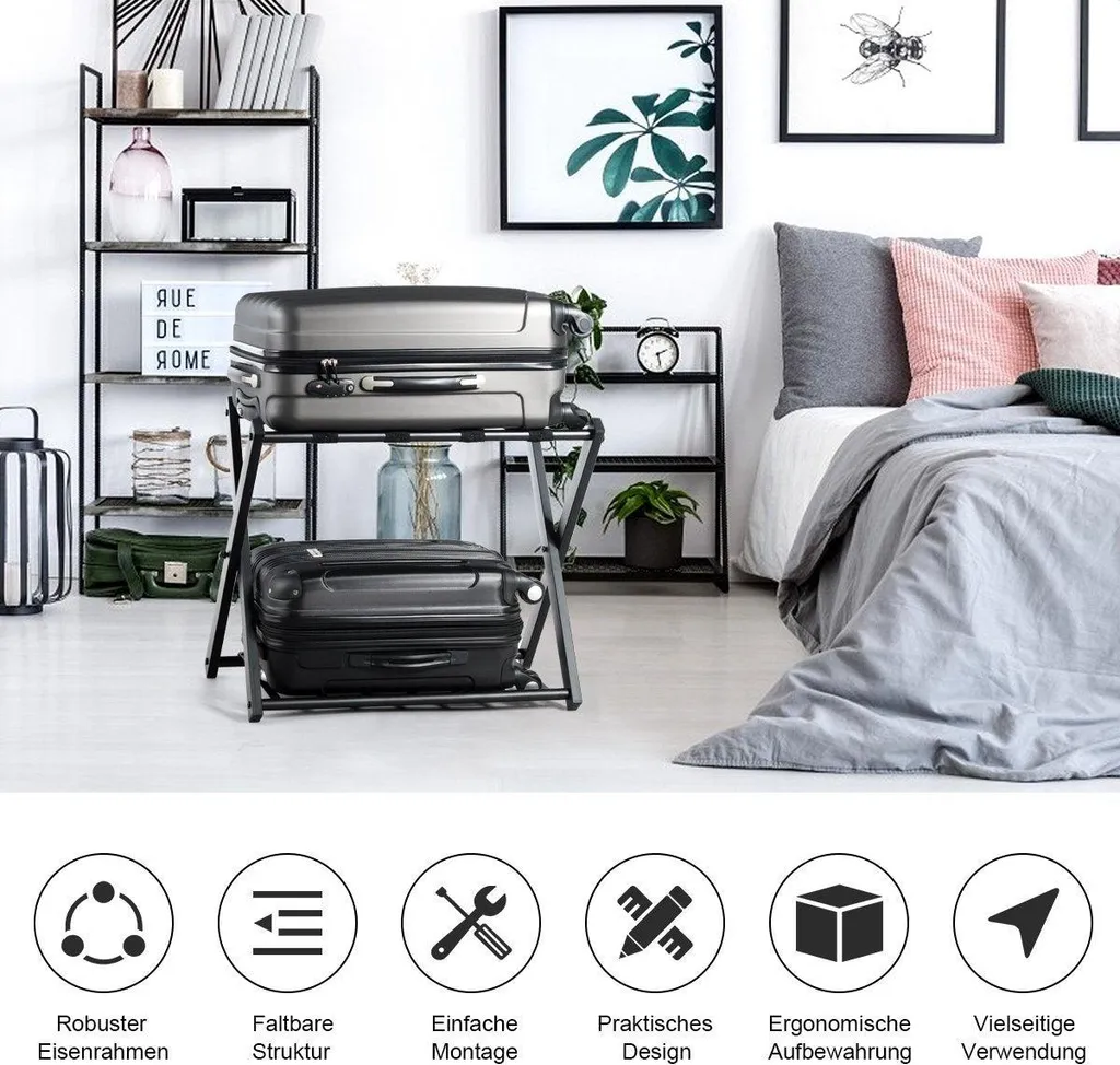 Porte-bagages pliable pour chambre d'amis - Support valise métal noir