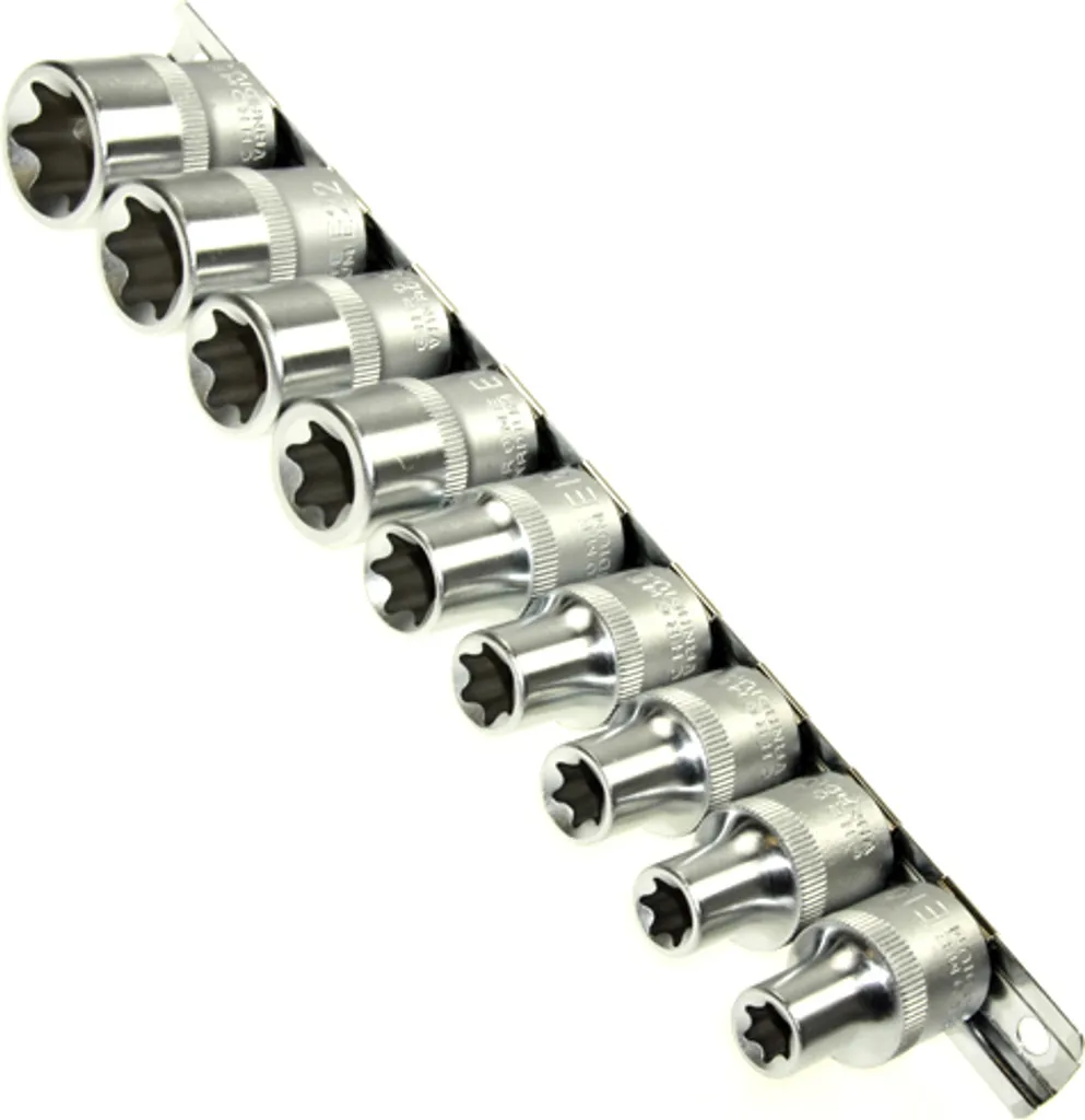 Jeu de 9 douilles TORX profil E E10-E24 avec rail de rangement en acier