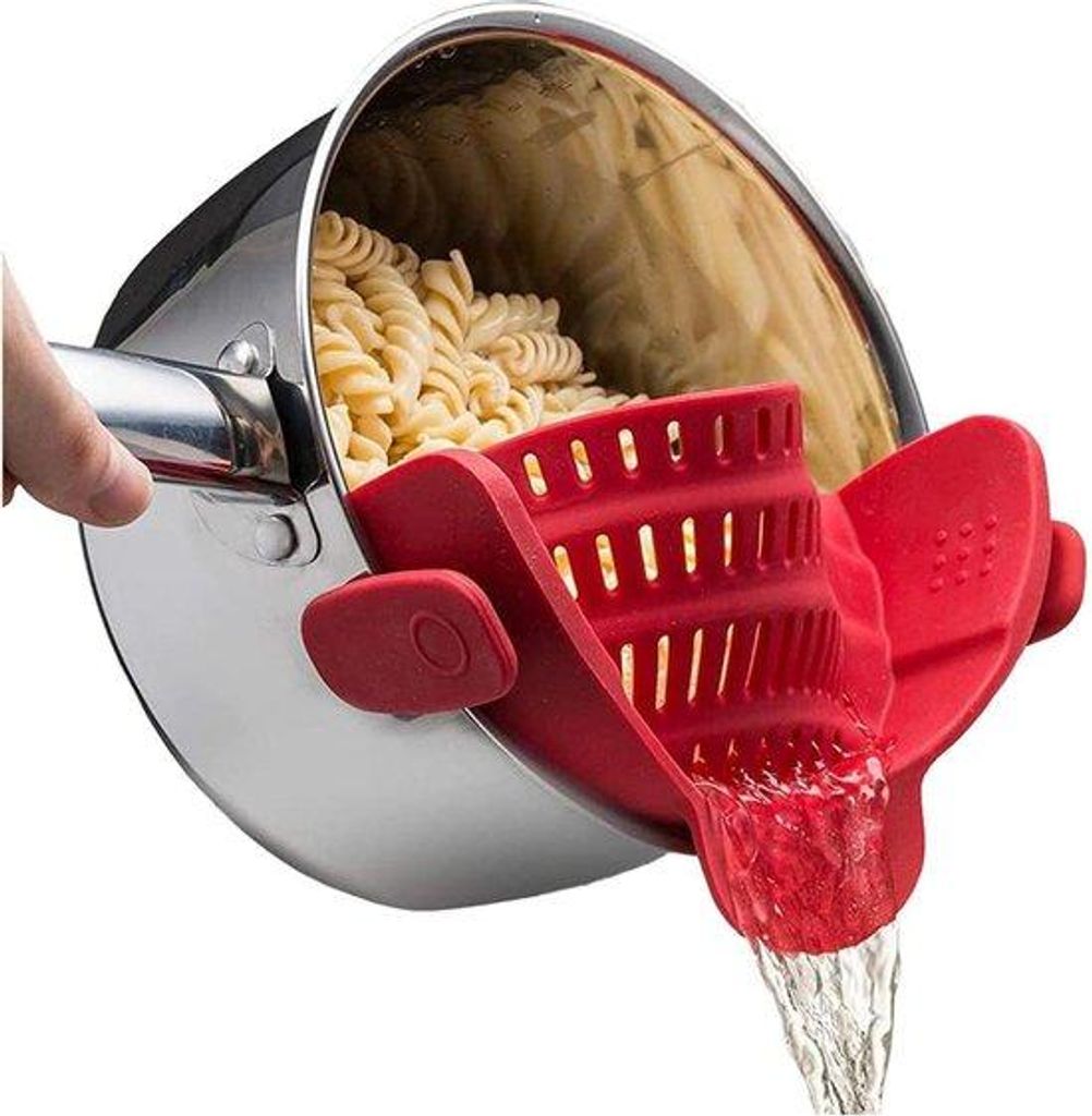 Silikonisches Pasta-Abtropfgerät - Hitzebeständig und Handsfree - Rotes Abtropfgerät