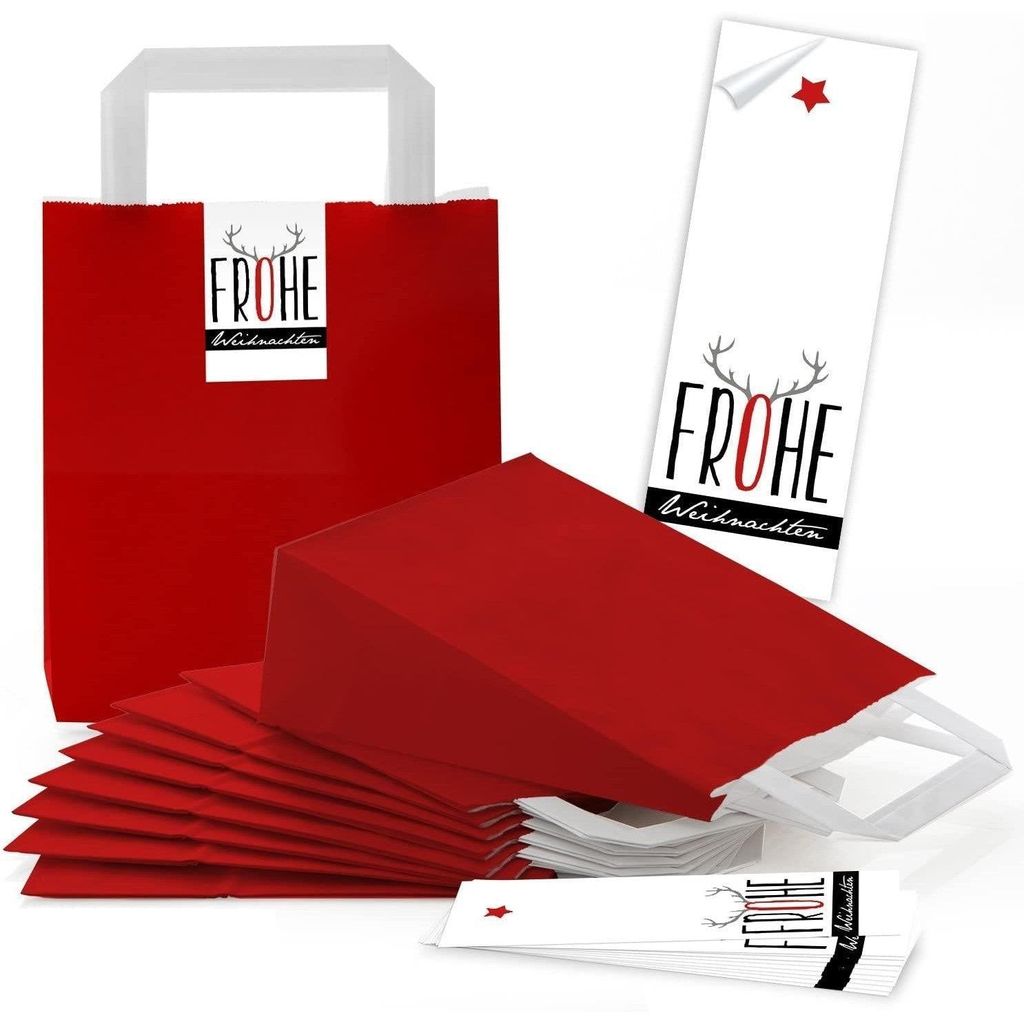 10 rote kleine Papiertüten Papiertaschen Boden u. Henkel 18 x 8 x 22 cm + 10 Banderolen Aufkleber 5 x 15 cm Weihnachten Hirsch-Geweih rot grau sch...