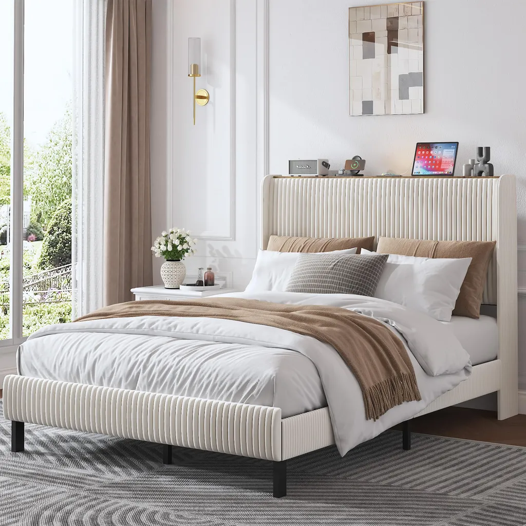 Lit Double 140x200 OKWISH Capitonné Velours Côtelé avec Cadre Métal
