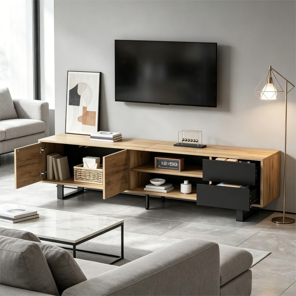 MODFU TV-Schrank mit Holzoptik,TV-Lowboard mit Metallbeinen,zwei Schubladen und zwei Türen,Fernsehbank mit offene Fächer,für 75-Zoll-Fernseher,S...