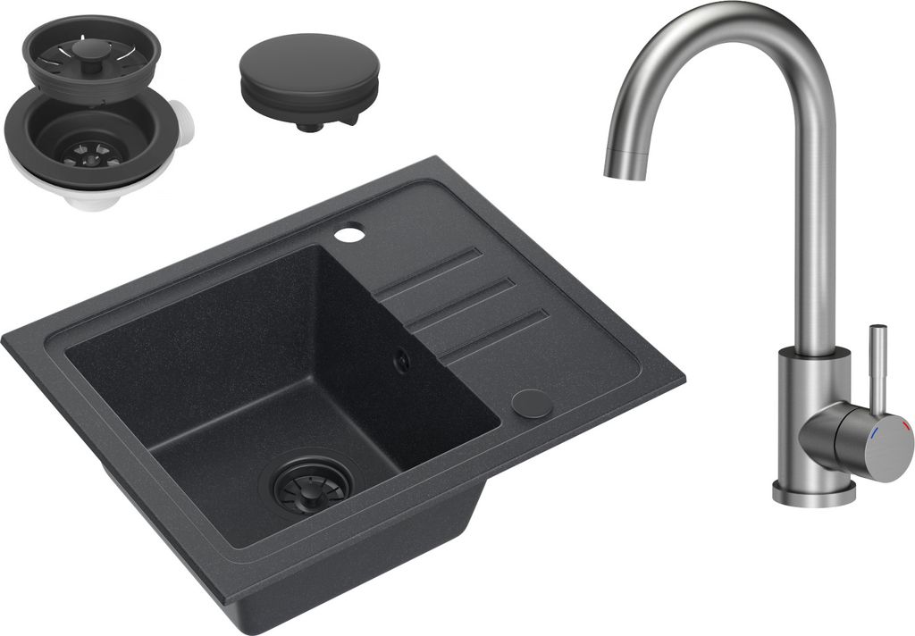 VBChome Spülbecken Granit Schwarz mit Armatur 55 x 44 cm Einzelbecken Einbauspüle Gesprenkelt Reversibel Granitspüle Schwarz Siphon Waschbecken